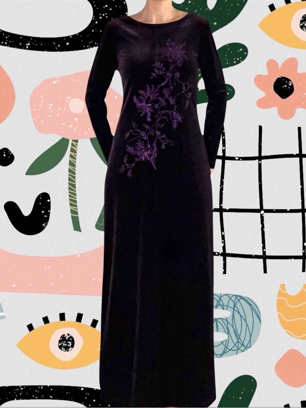 Carole Little | Vintage 90s Y2K Purple Velvet Floral Embroidered Maxi Dress
